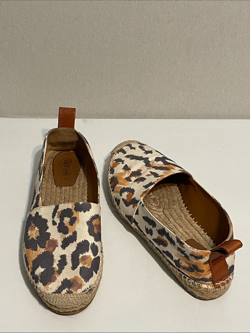 Chloe Leopard Print Espadrille Slip-Ons with Tan Pull Tab - Women. Fits a 8